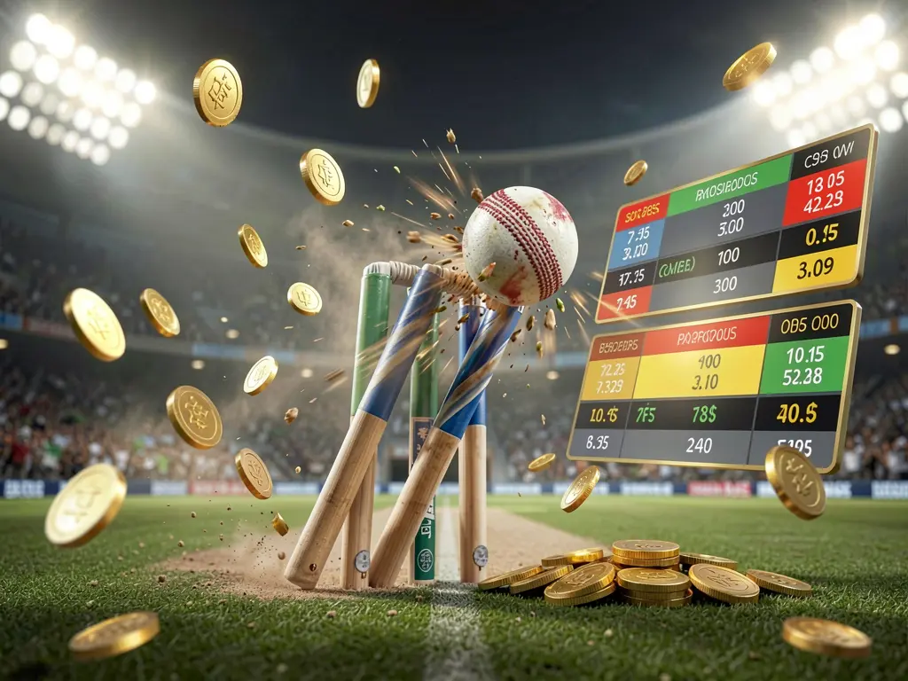 568JILLI cricket match betting banner featuring a cricket ball hitting wickets with dynamic motion under stadium lights, floating odds interface and coins creating a premium sports atmosphere