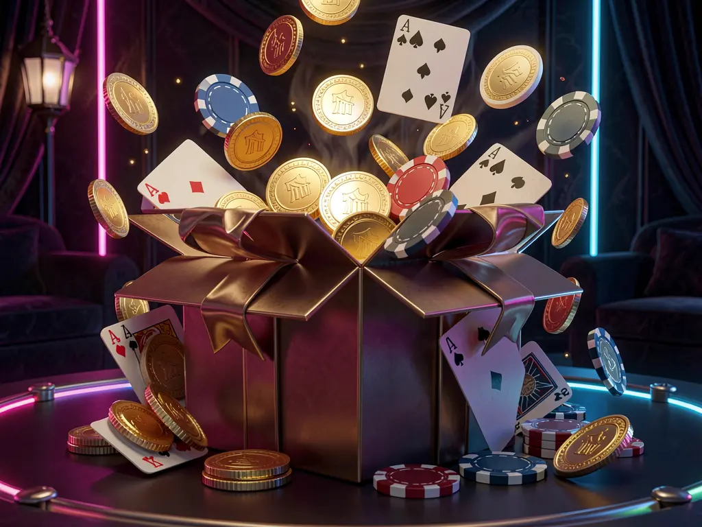 568JILLI online casino bonus gift box exploding with golden coins, poker chips, and playing cards against a dark luxury background with glowing neon accents
