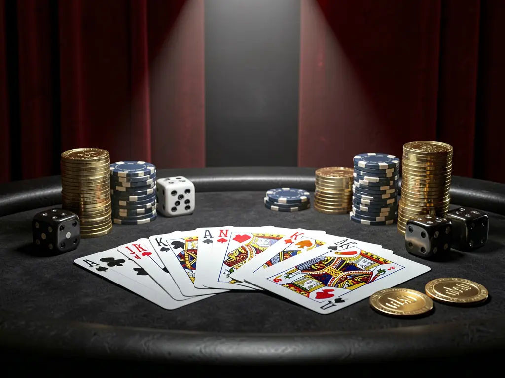 Luxury casino table featuring a royal flush hand, poker chips, golden coins, and dice on a dramatic black and red background, showcasing 568JILLI's realistic 3D casino gaming experience