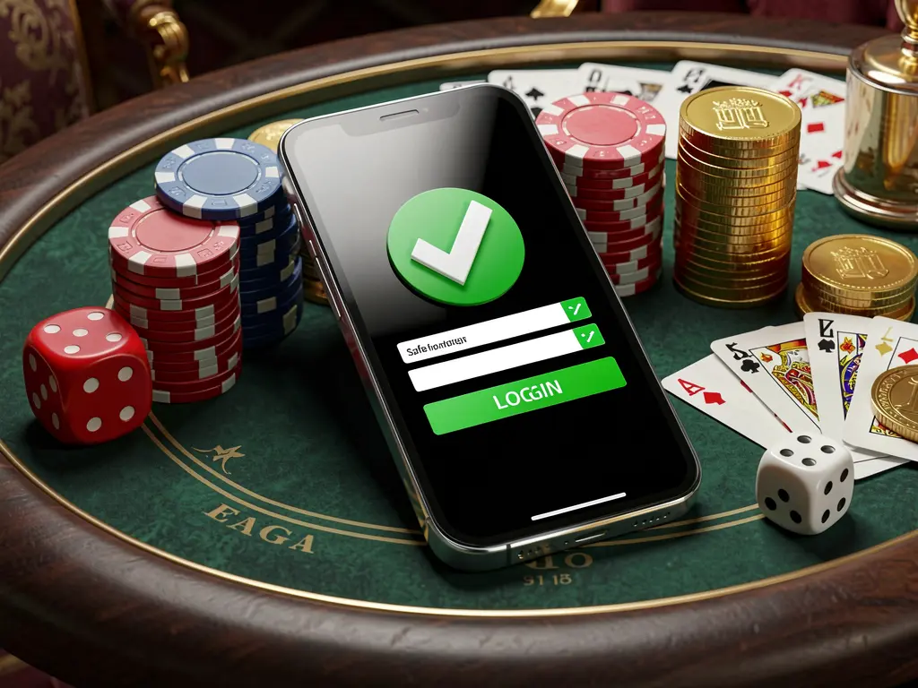 568JILLI safe casino login concept showing a smartphone with verification checkmark icon surrounded by chips, cards, dice, and golden coins on an elegant luxury casino table in a 3D realistic render